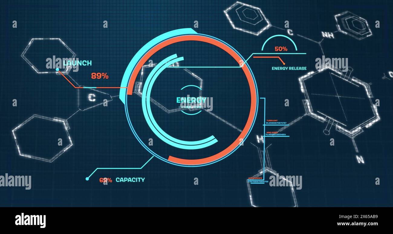Image of data processing over chemical formula on black background Stock Photo