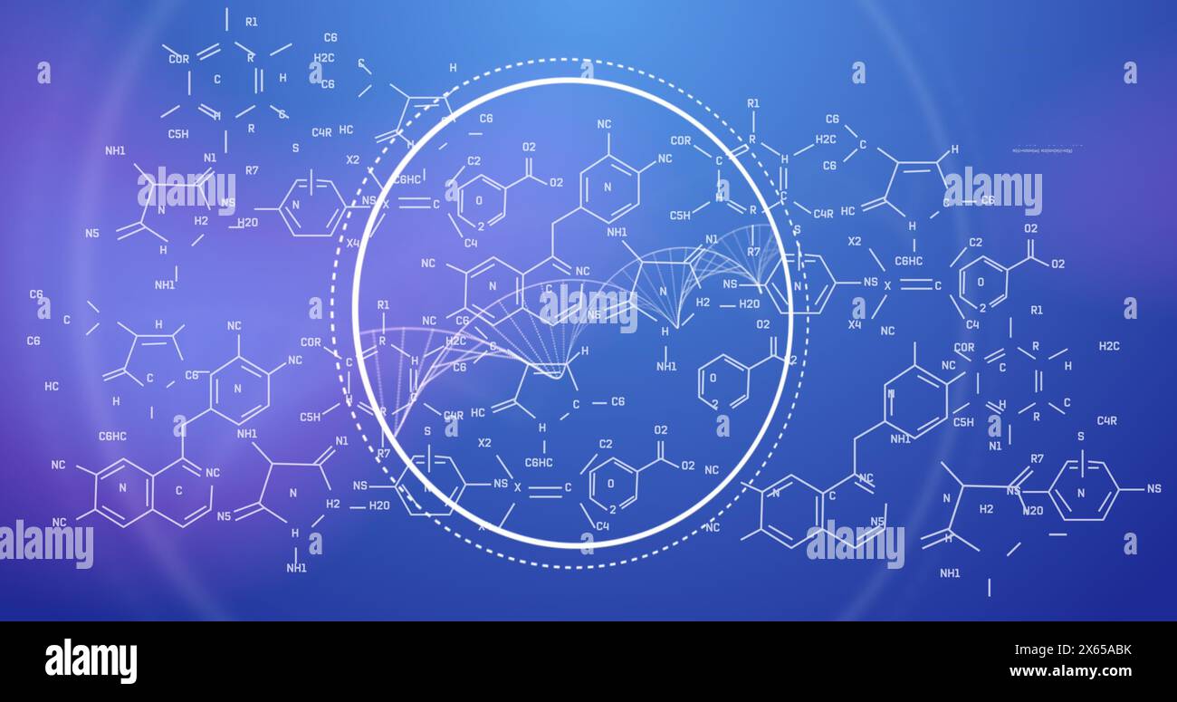 Image of data processing and chemical formula on blue background Stock Photo
