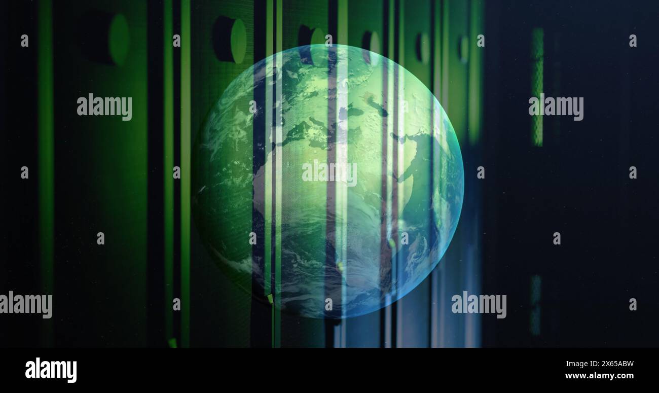 Image of moving globe against server room in background Stock Photo