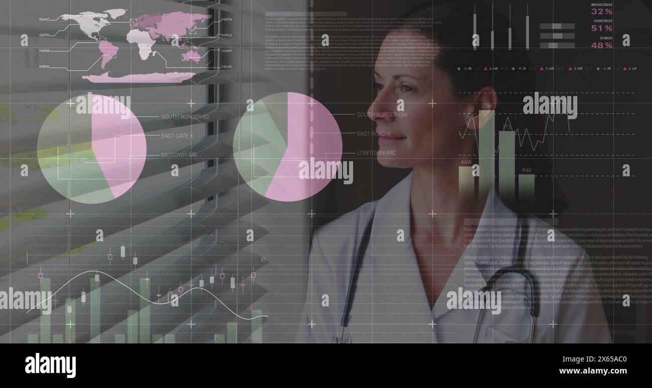 Image of statistics and data processing over female doctor Stock Photo