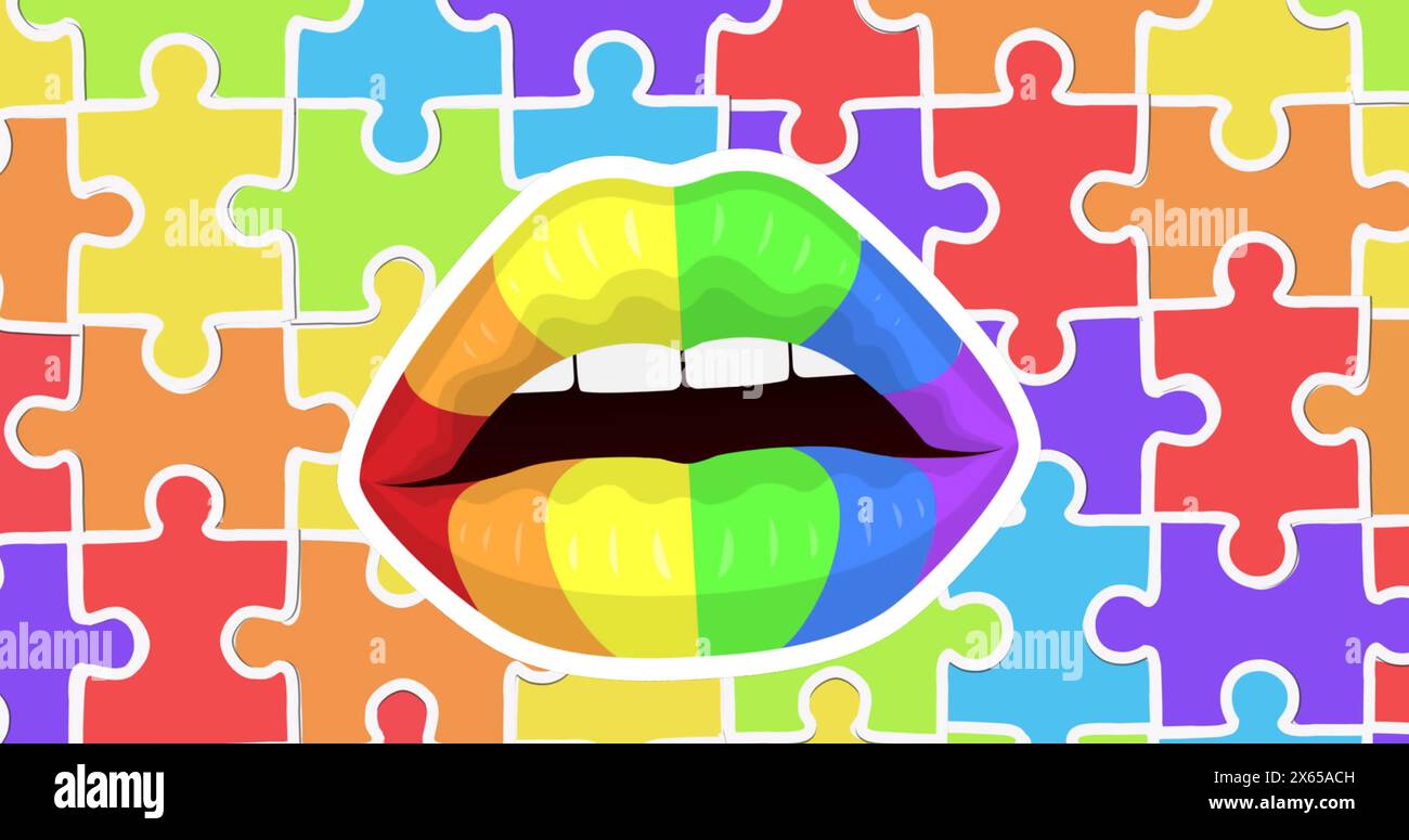 Image of rainbow lips over rainbow puzzle Stock Photo