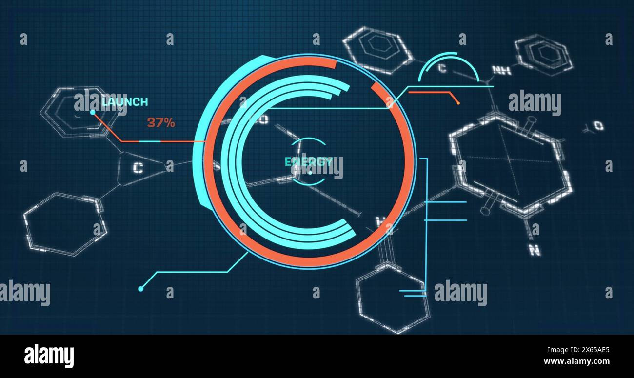 Image of data processing over chemical formula on black background Stock Photo