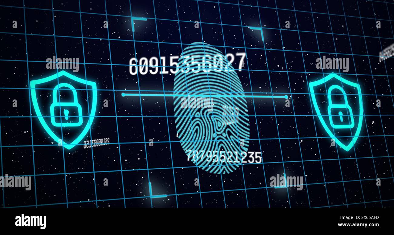 Image of changing numbers and fingerprint over black background Stock ...