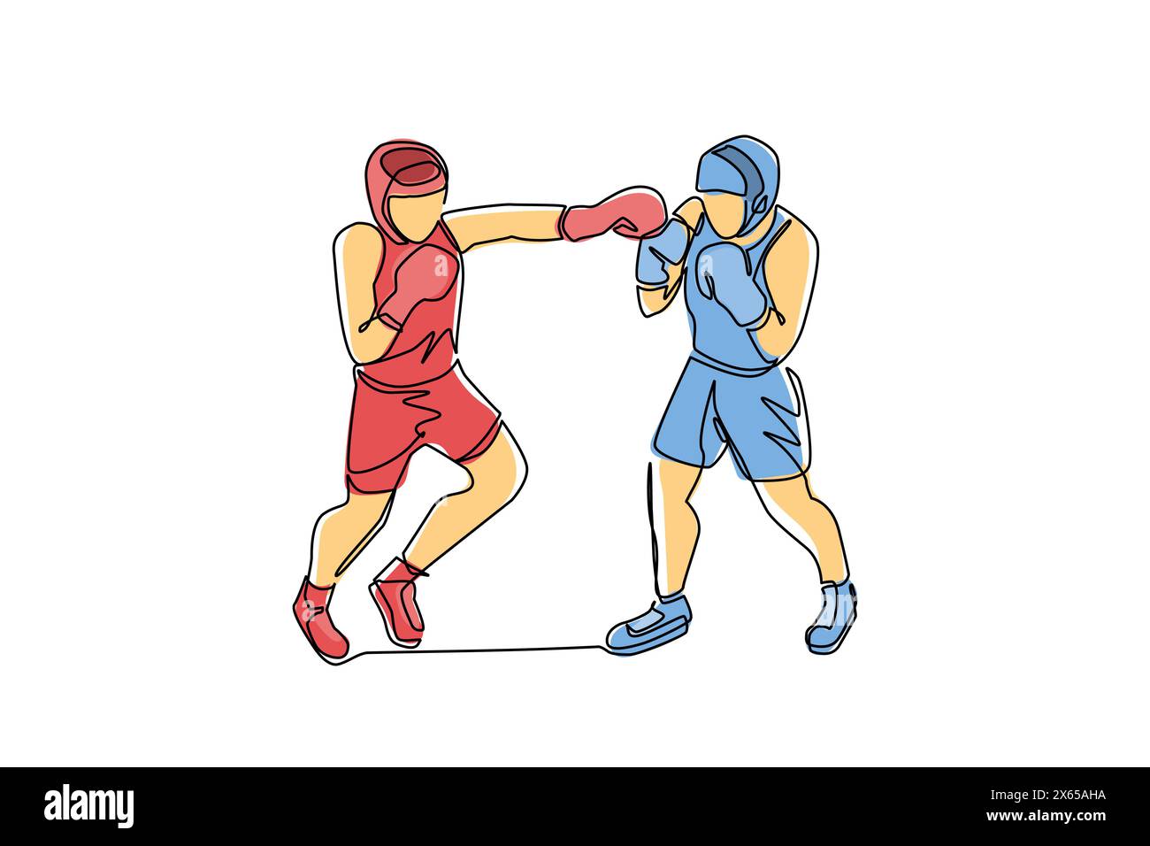 Continuous one line drawing boxers fighting on ring, opponents in ...