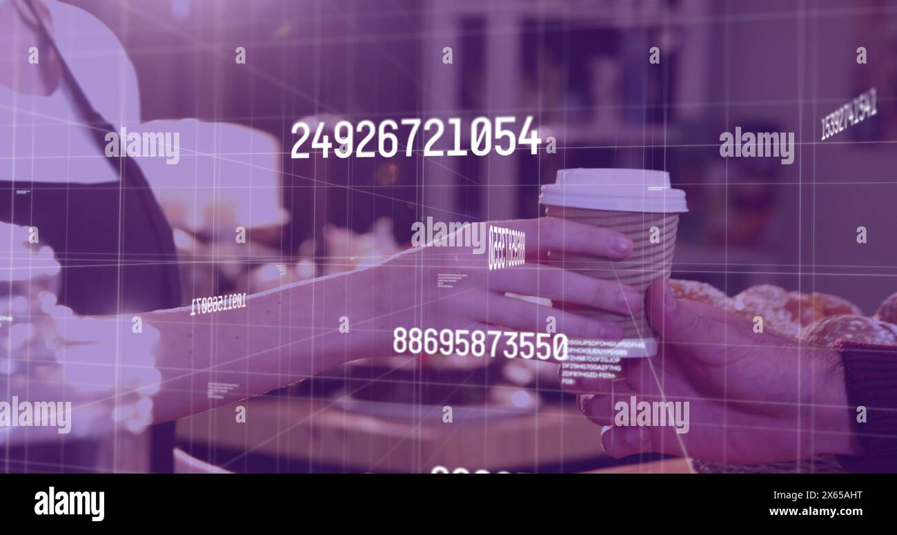 Image of changing numbers over caucasian waiter giving coffee to ...