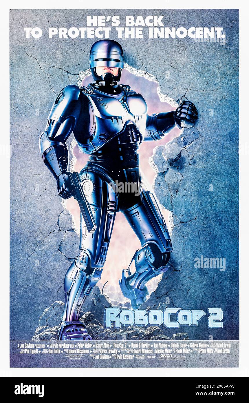 RoboCop 2 (1990) directed by Irvin Kershner and starring Peter Weller, Nancy Allen, Belinda Bauer and Tom Noonan. The future of law enforcement is back to take on a drug fuelled cyborg. Photograph of original 1990 US one sheet poster. ***EDITORIAL USE ONLY*** Credit: BFA / Orion Pictures; Stock Photo