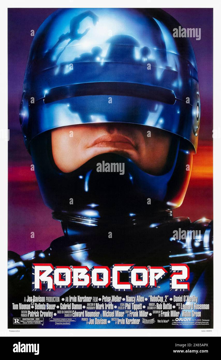 RoboCop 2 (1990) directed by Irvin Kershner and starring Peter Weller, Nancy Allen, Belinda Bauer and Tom Noonan. The future of law enforcement is back to take on a drug fuelled cyborg. Photograph of original 1990 US one sheet poster. ***EDITORIAL USE ONLY*** Credit: BFA / Orion Pictures; Stock Photo