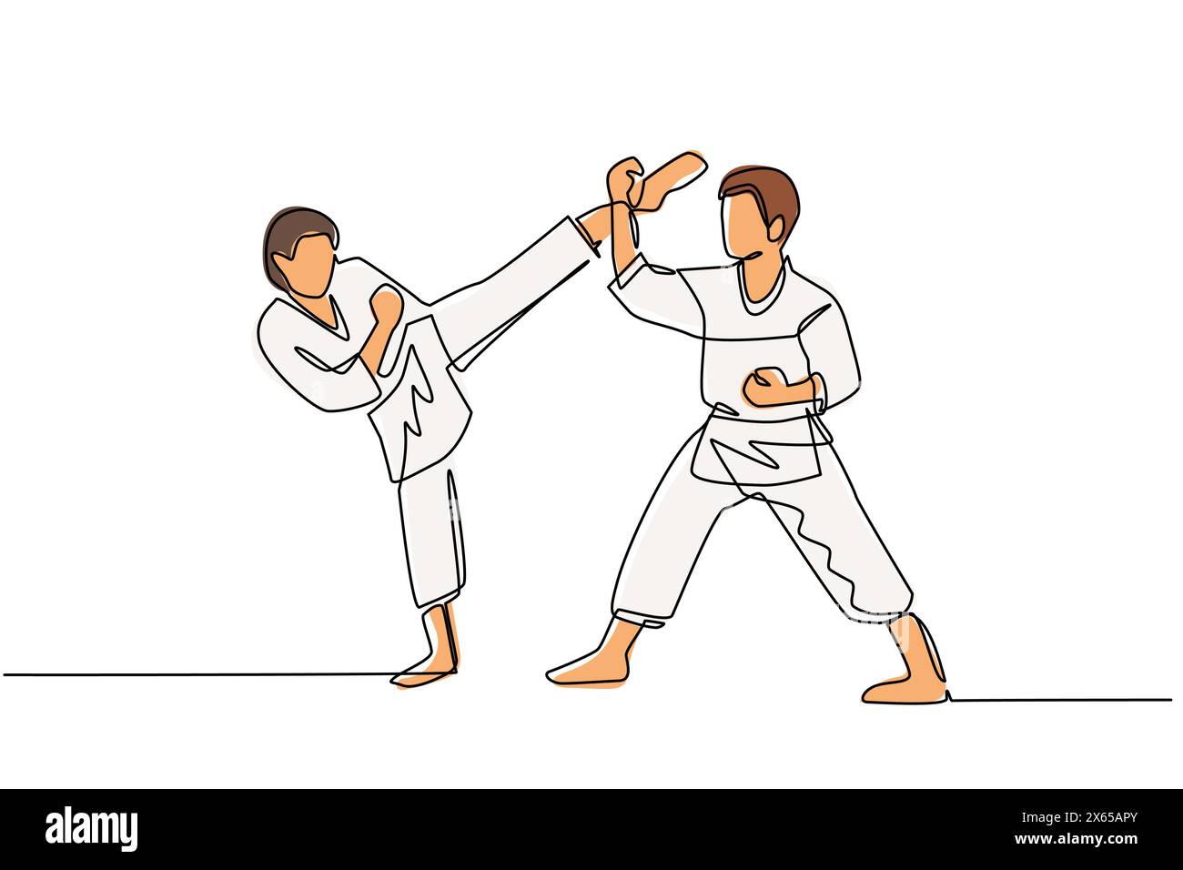 Continuous One Line Drawing Two Karate Men Fighters Ready To Fight
