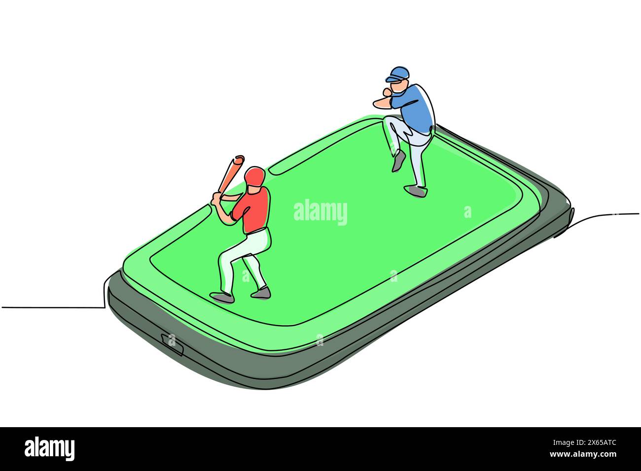 Continuous one line drawing baseball field with two players on smartphone screen. Online baseball games. Smartphone applications. Mobile baseball. Sin Stock Vector