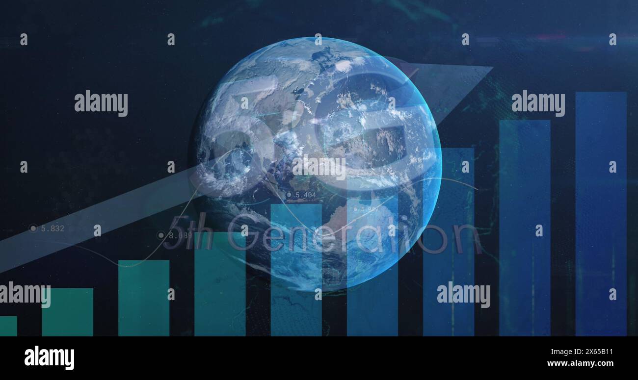 Image of globe financial data processing over globe spinning and arrows Stock Photo