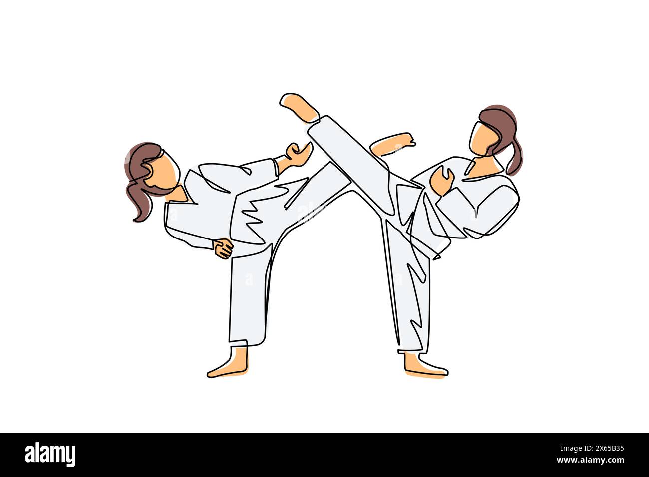 Single continuous line drawing two female karate fighters ready to fight. Professional karate sport fighters standing fighting practicing karate toget Stock Vector