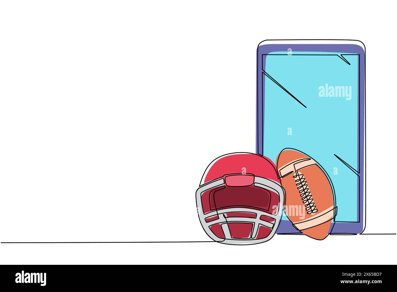Single continuous line drawing American football helmet and ball with smartphone. Mobile sports play matches. Online American football game with live Stock Vector