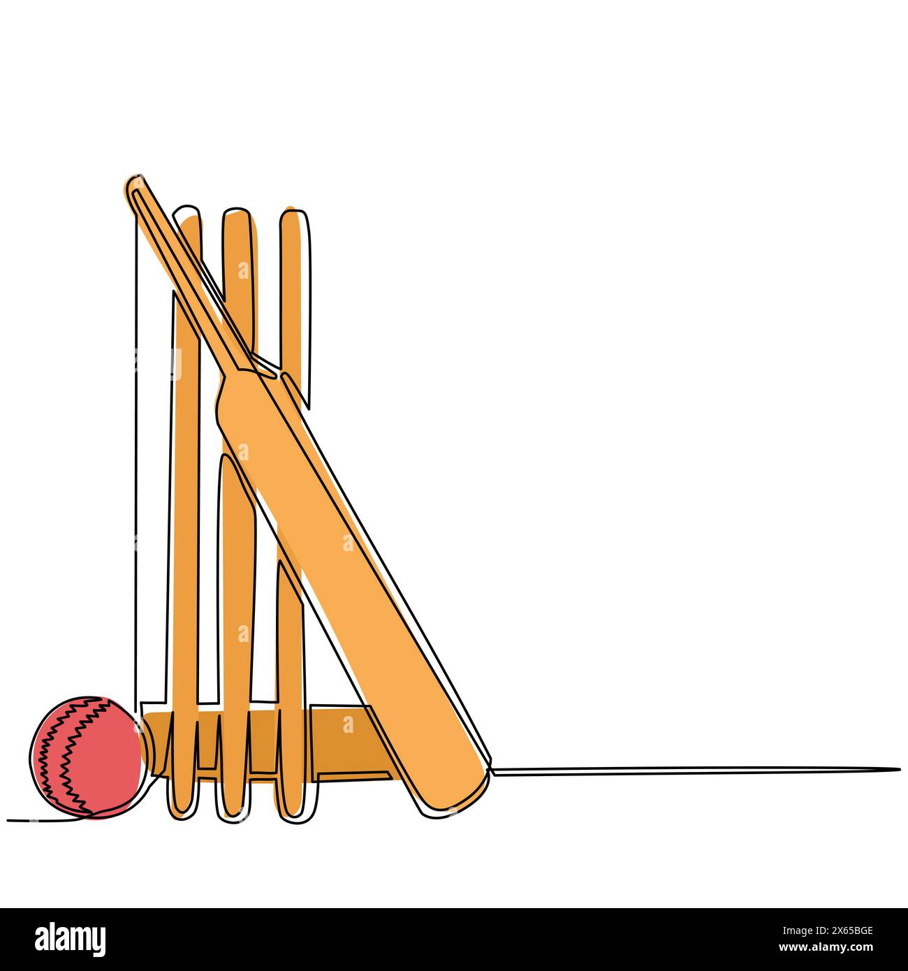 Continuous one line drawing cricket bat, ball, and wicket stumps isolated on white. Set equipment for cricket game. Competitive and challenging team s Stock Vector