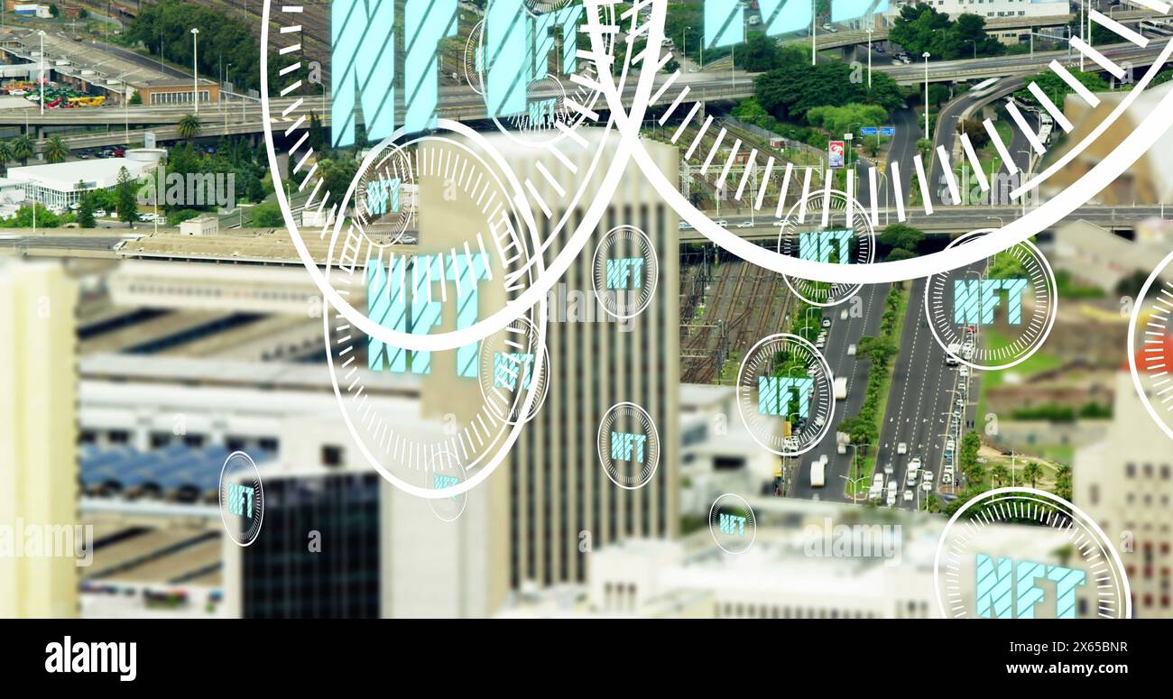 Image of digital interface over cityscape Stock Photo