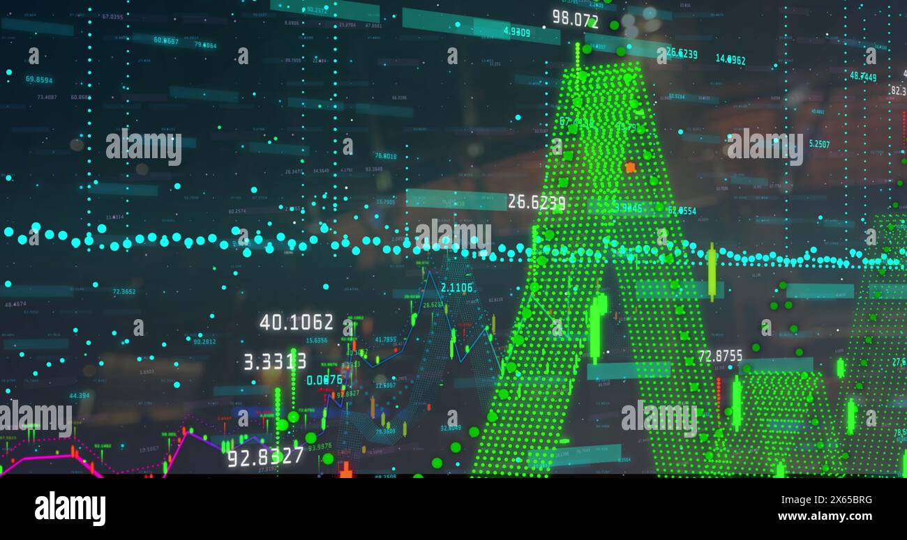 Image of financial data processing over cityscape Stock Photo