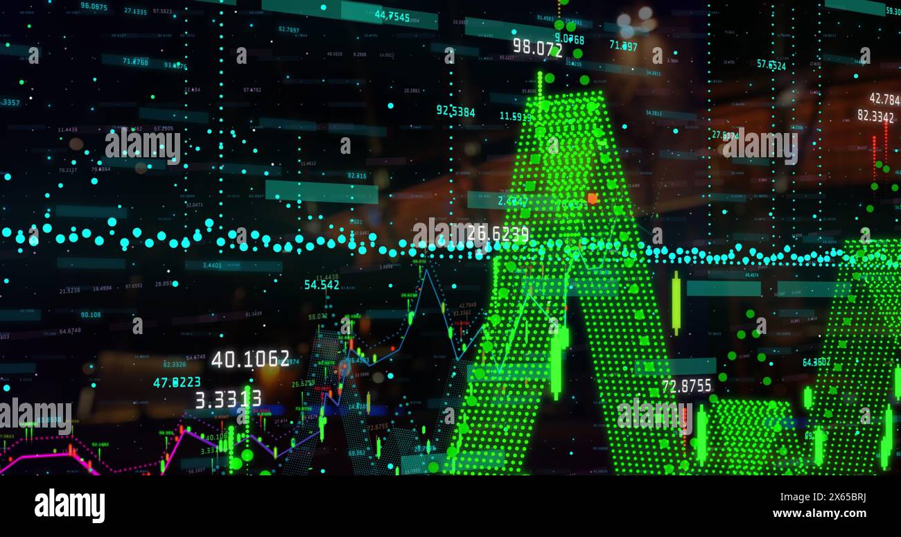 Image of financial data processing over cityscape Stock Photo