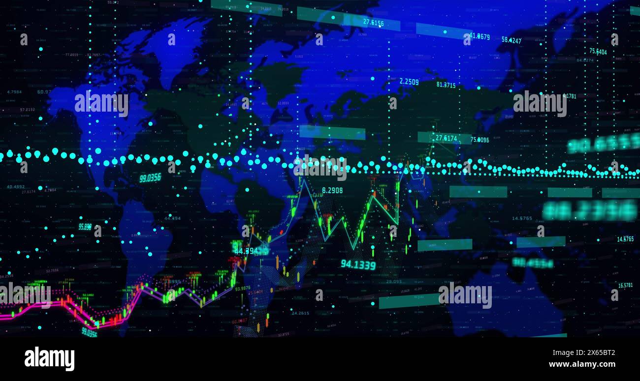 Image of statistics and financial data financial data financial data processing over world map Stock Photo