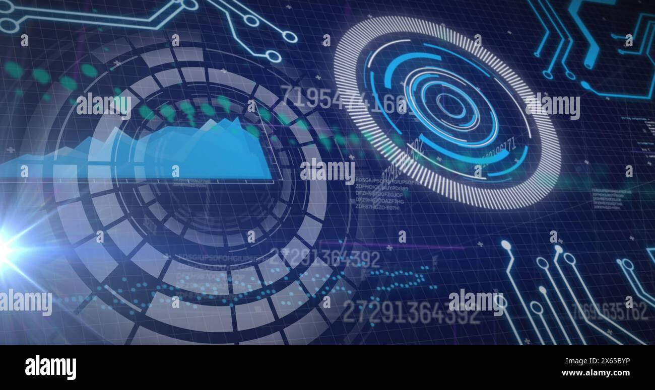 Image of processing circles and diverse data on navy background Stock Photo