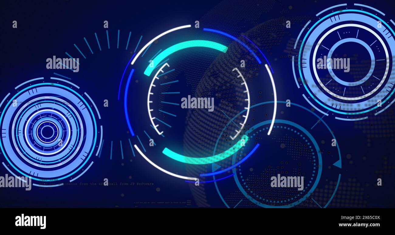 Image of scope scanning over globe on black background Stock Photo