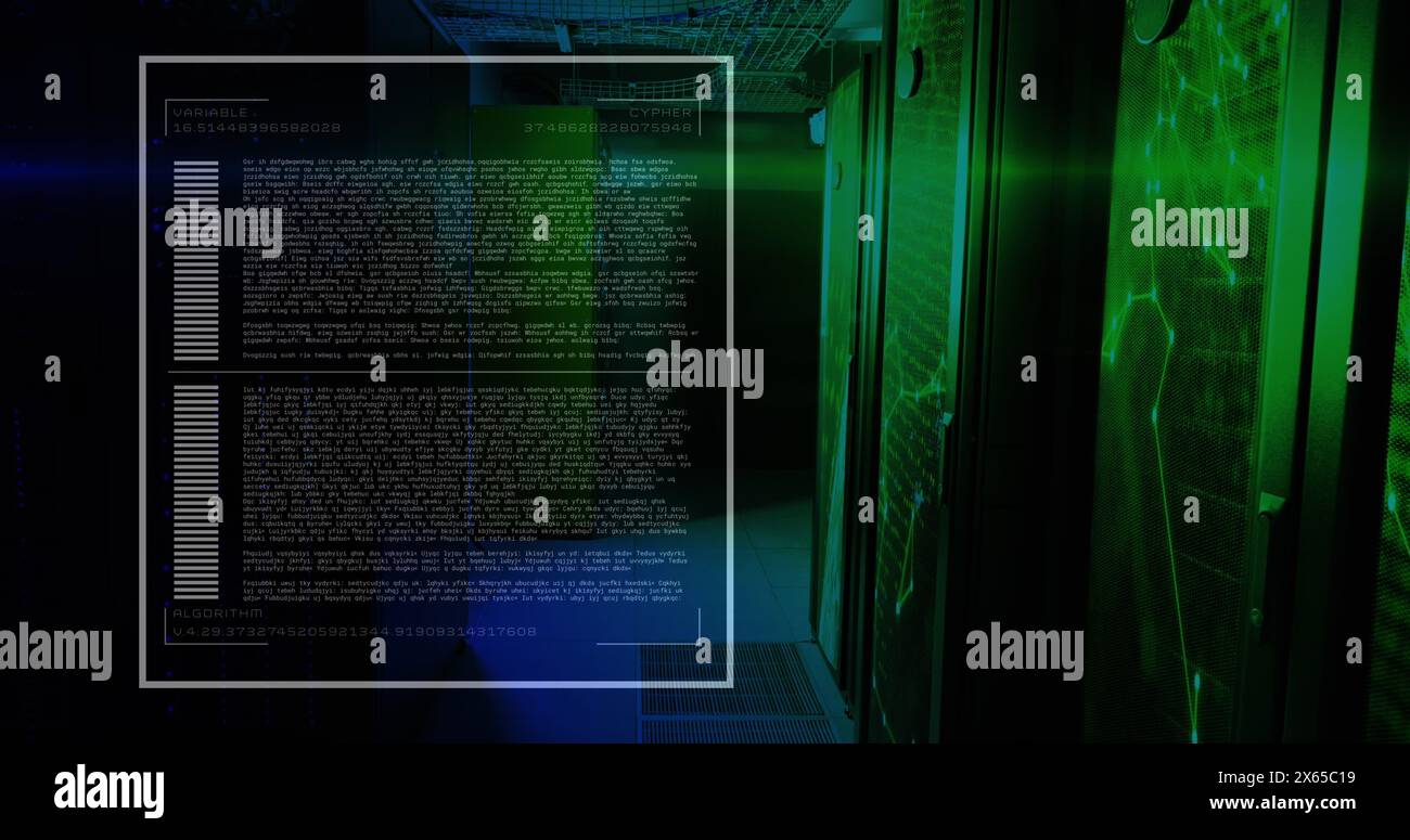 Image of data processing and network of connections over server room ...