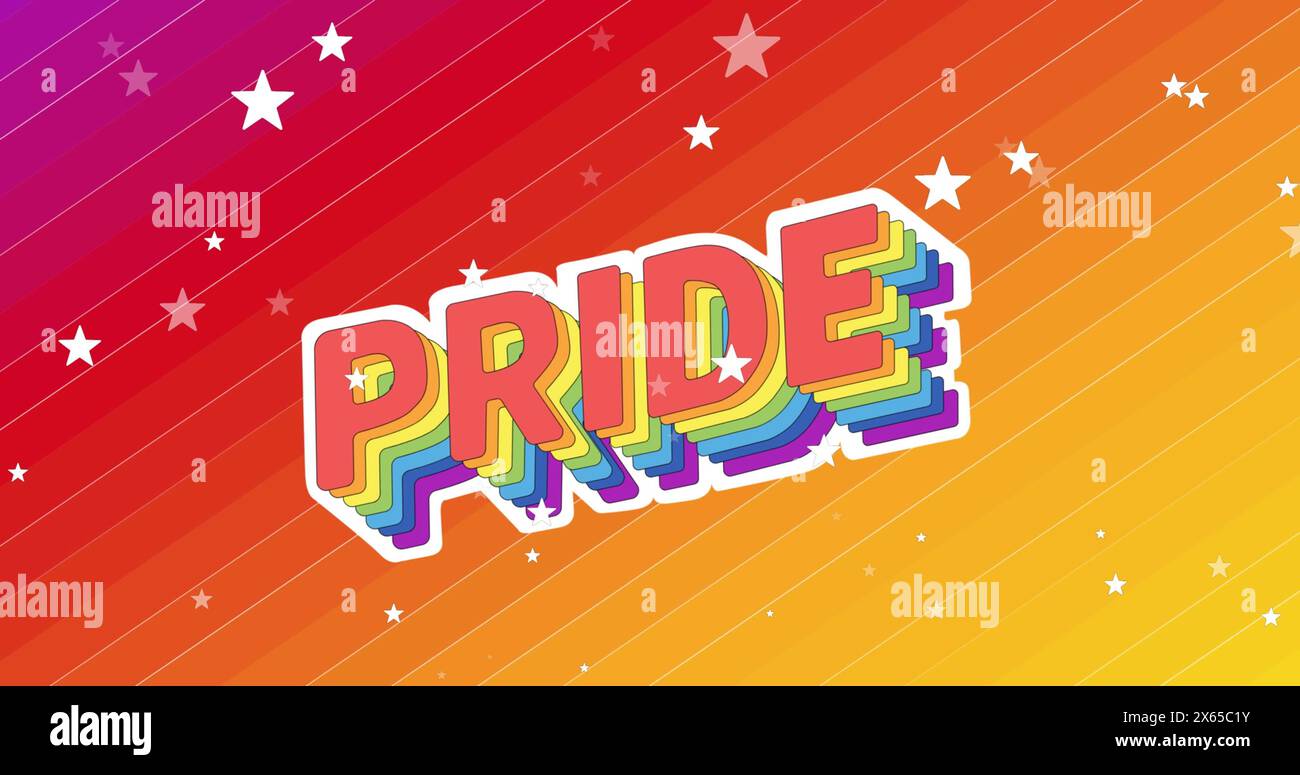 Image of pride text in rainbow colours with white stars falling on colourful background Stock Photo