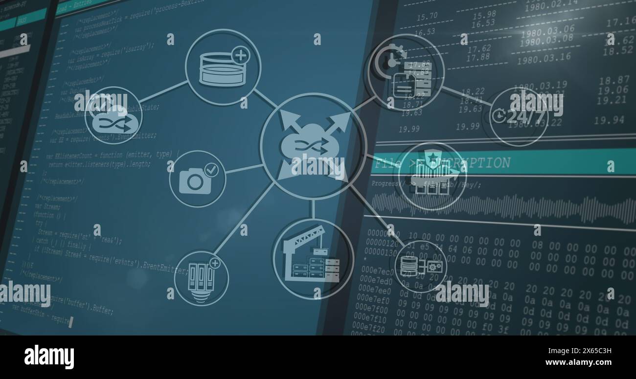 Screen shows data encryption and network security icons connected by lines Stock Photo