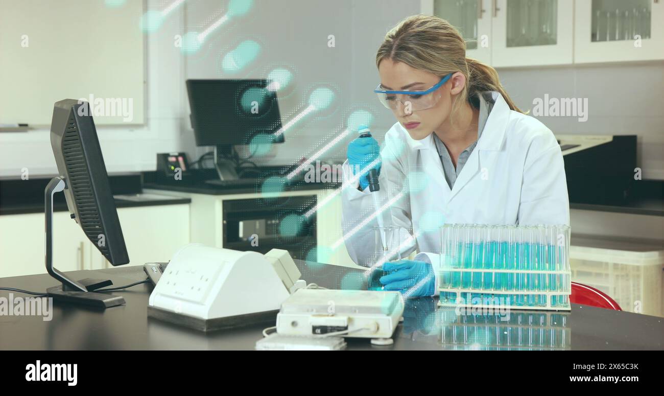 Animation dna over female lab hi-res stock photography and images - Alamy