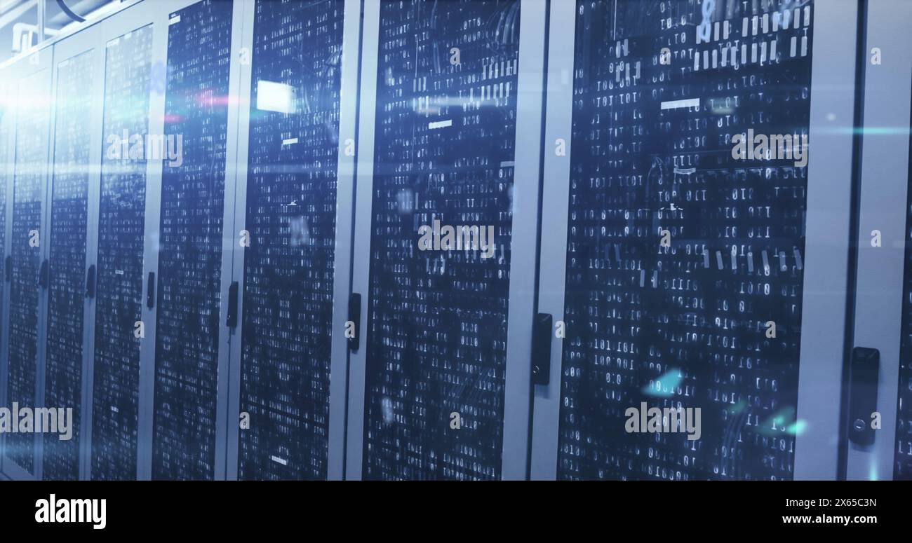Image of numbers and data processing over computer servers Stock Photo