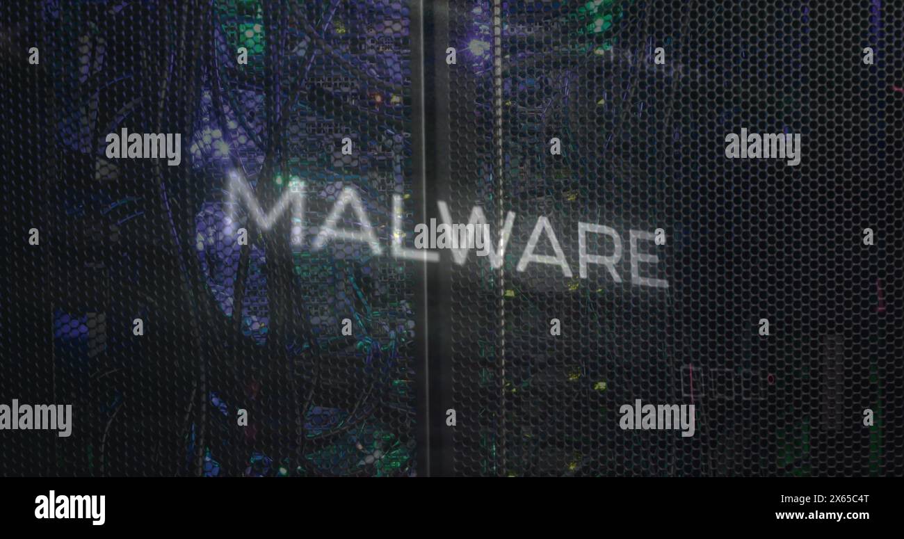 Image of malware text over data processing and computer motherboard and servers Stock Photo