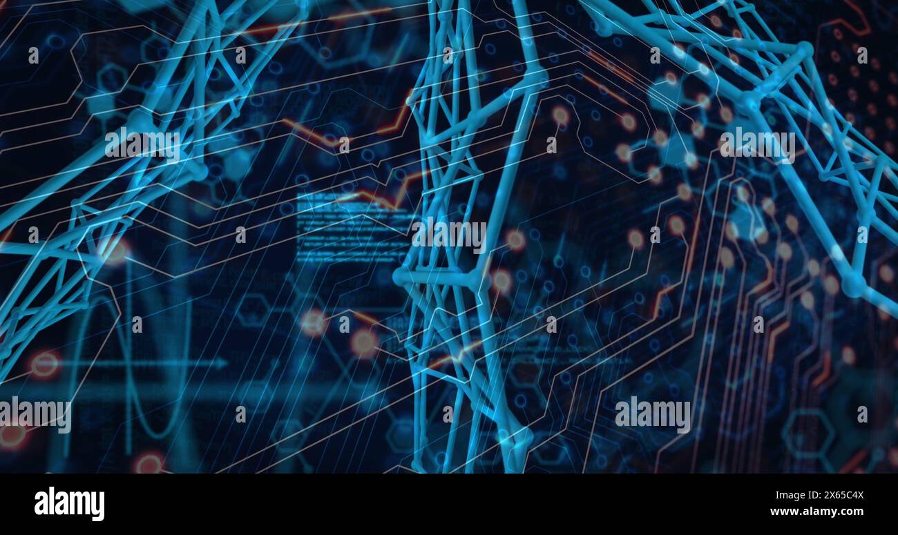 Image of abstract structure, data and molecules over circuit board pattern in background Stock Photo