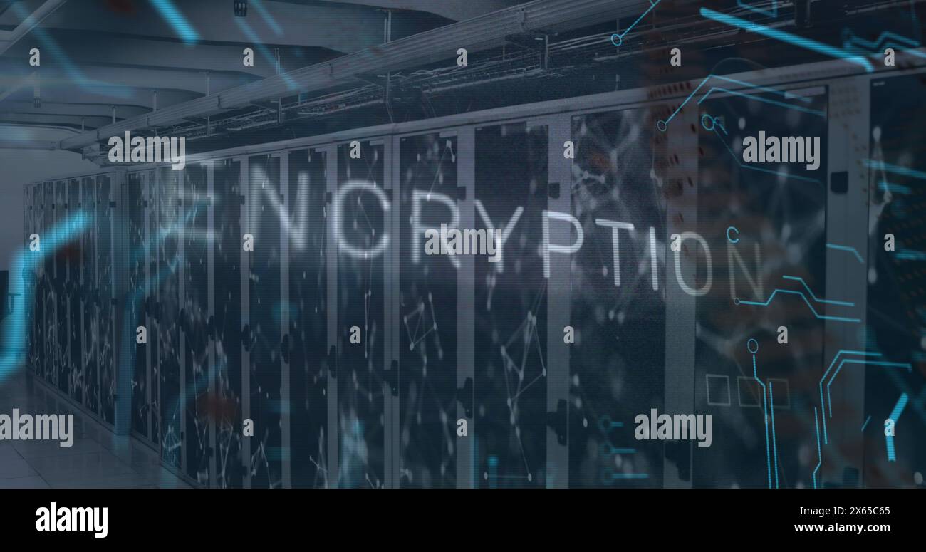 Image of encryption text over data processing and computer motherboard and servers Stock Photo