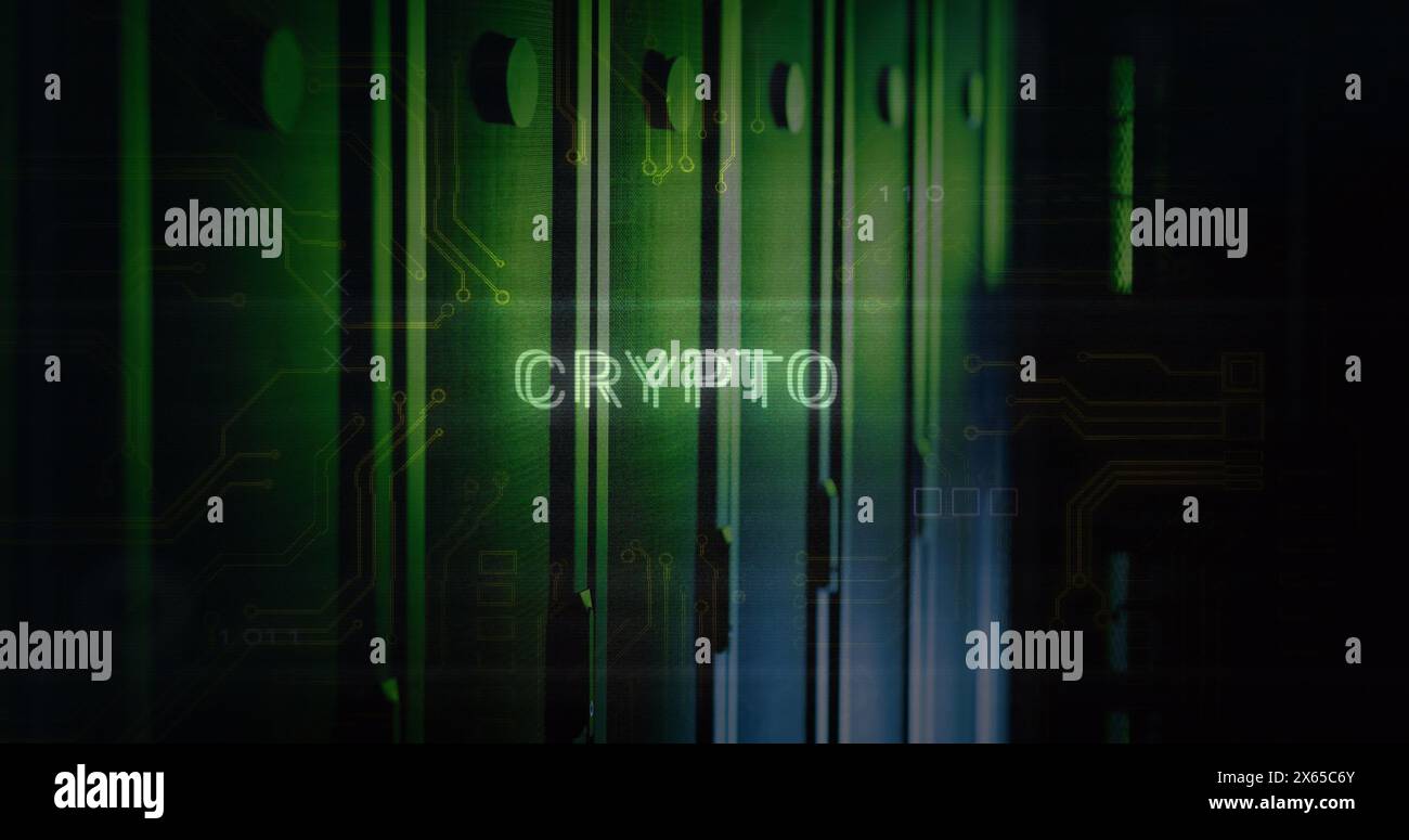 Image of crypto text over data processing and computer servers Stock Photo