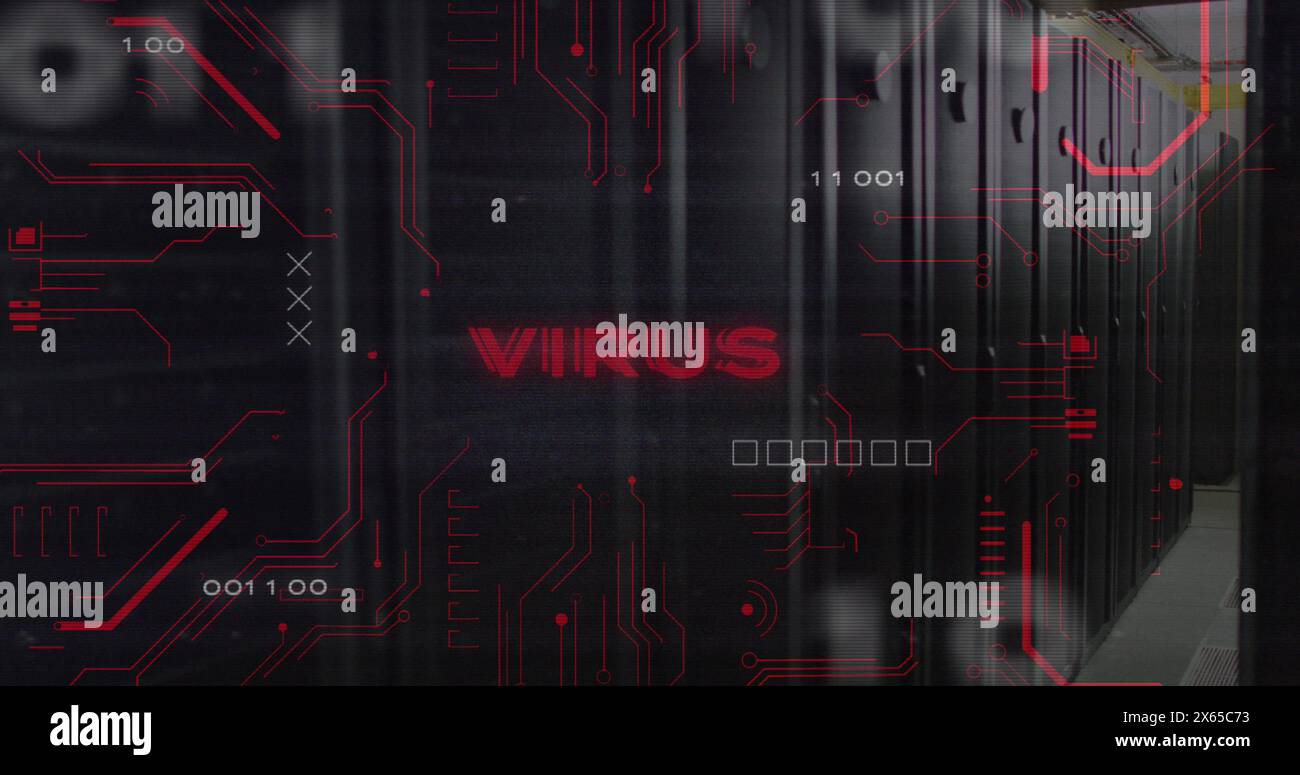 Image of virus text over data processing and computer motherboard and servers Stock Photo