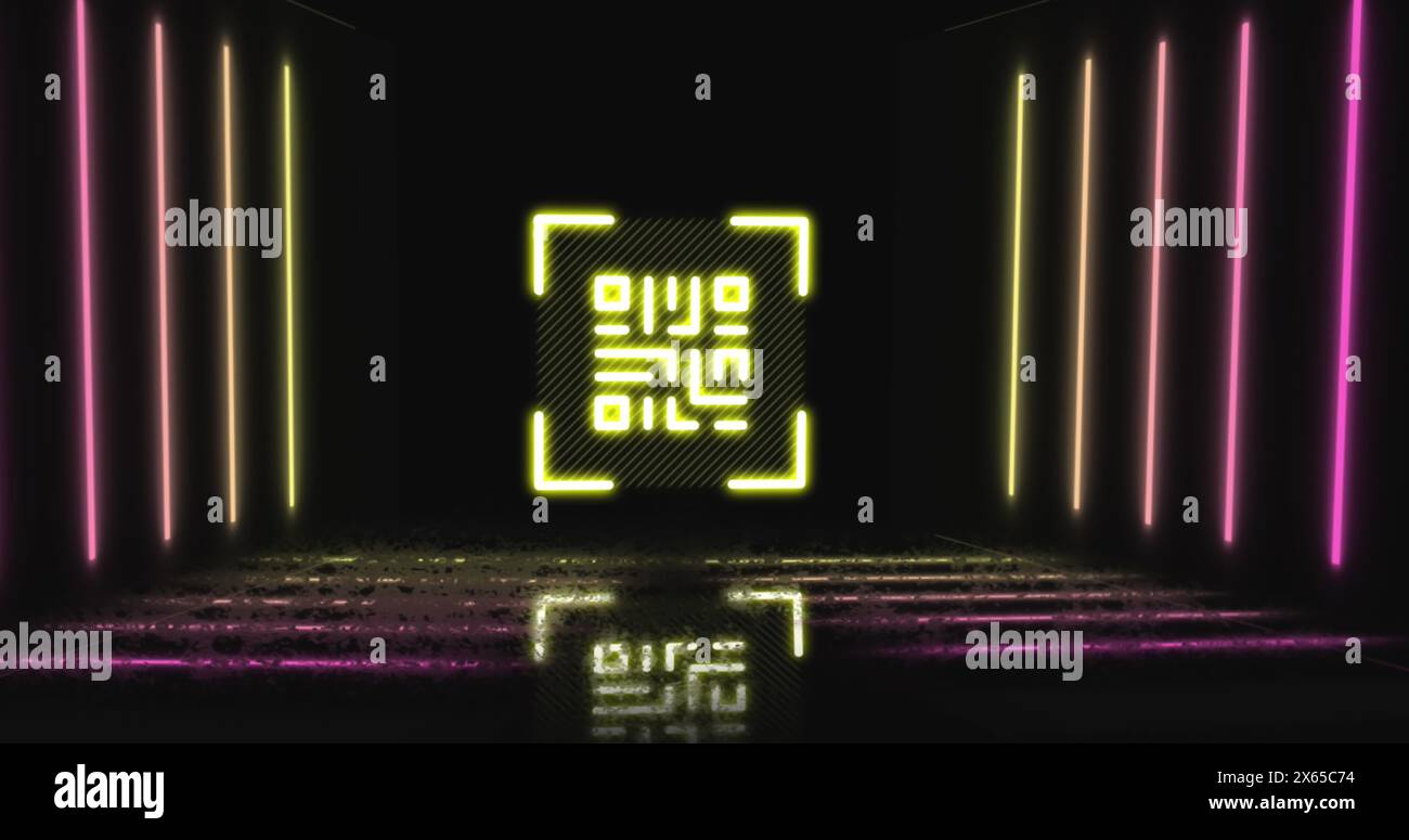 Image of lights and qr code in black space Stock Photo