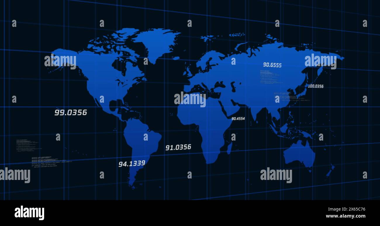 Image of database, numbers floating over map with grid pattern against black background Stock Photo
