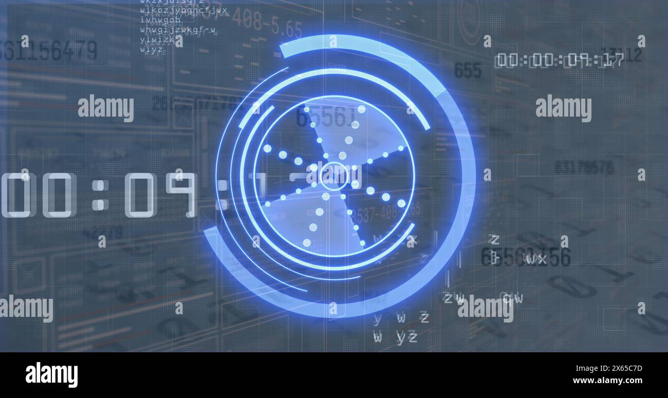 Image of data processing and binary code over hands using computer Stock Photo