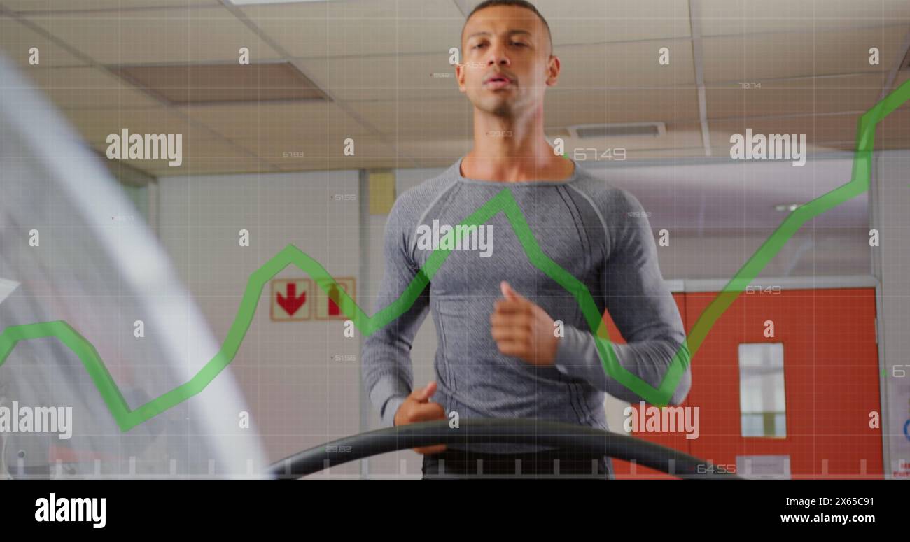 Image of data processing over biracial man running Stock Photo