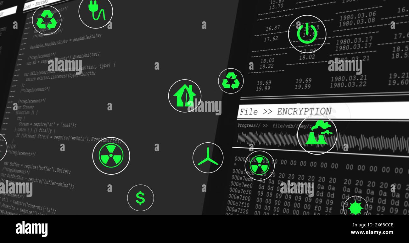 Image of multiple digital icons over data processing against black background Stock Photo