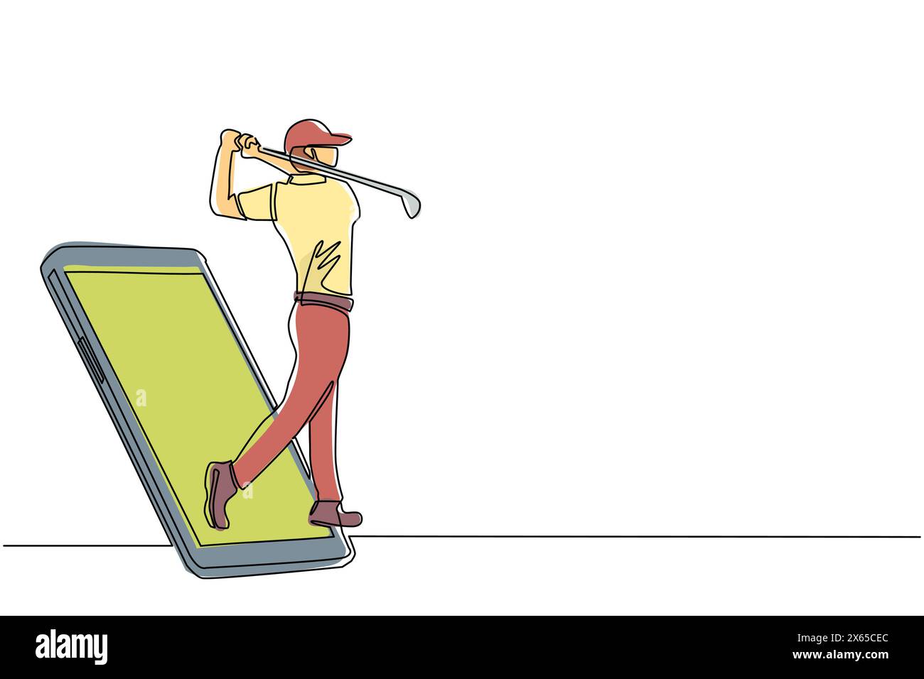 Single one line drawing man golf player swing golf club getting out of smartphone screen. Mobile sports play matches. Online golf game with live mobil Stock Vector