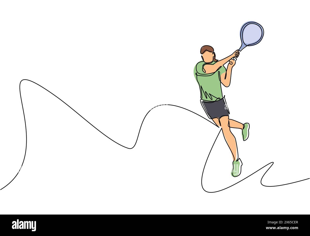 Single one line drawing young happy female tennis player hit opponent's