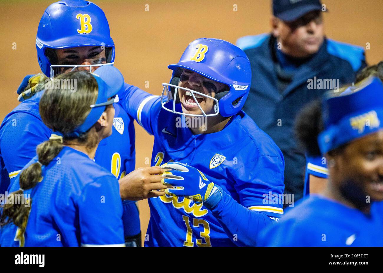 May 11 2024 Palo Alto CA U.S.A. UCLA catcher Sharlize Palacios (13)hits a solo home run and put the Bruins up one run in the bottom of the 6th inning during the NCAA Pac 12 Softball Tournament Championship between UCLA Bruins and the Utah Utes. UCLA beat Utah 2-1 at Boyd & Jill Smith Family Stadium Palo Alto Calif. Thurman James / CSM Stock Photo