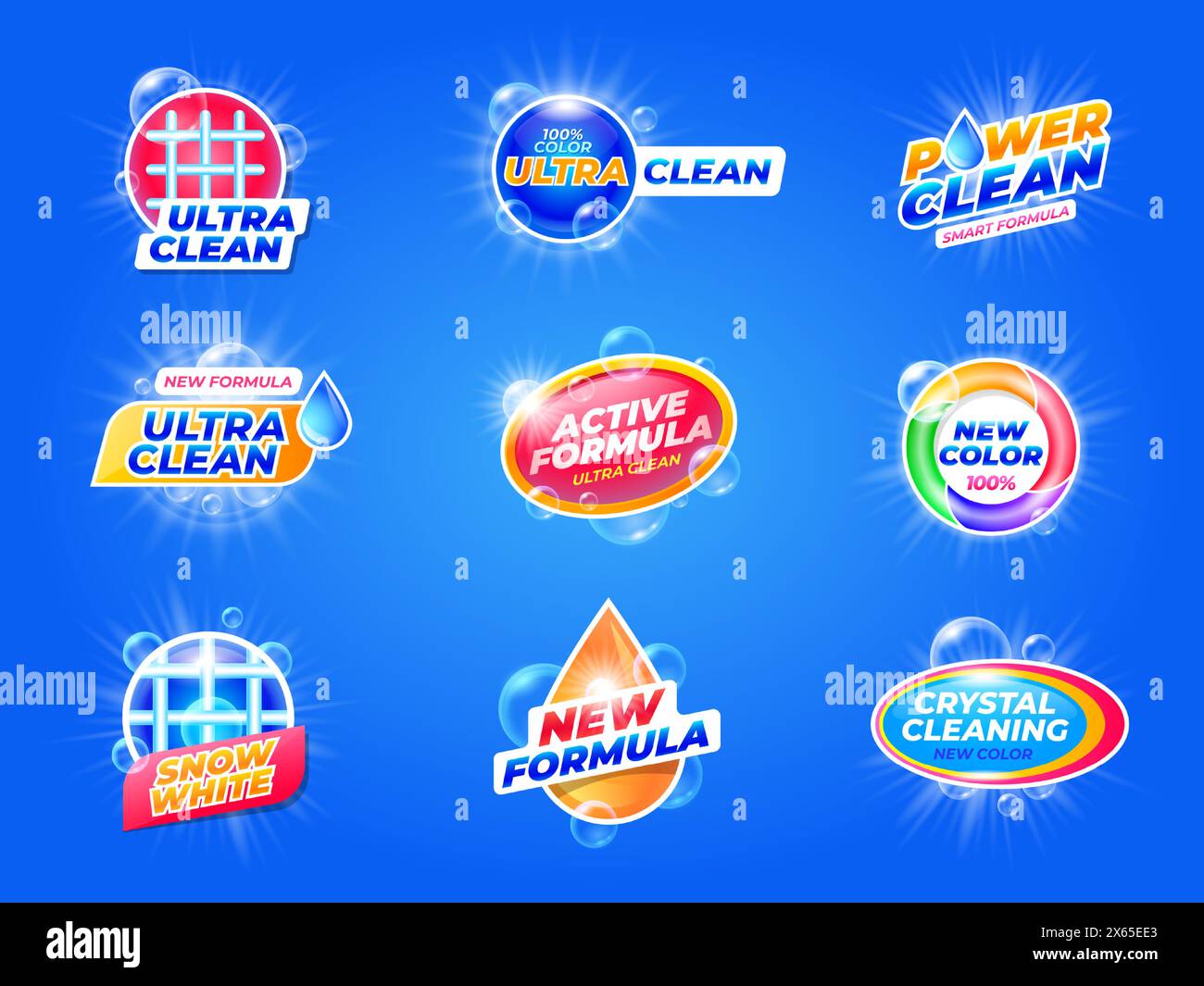 Laundry detergent label. Washing powder emblem package with bubbles