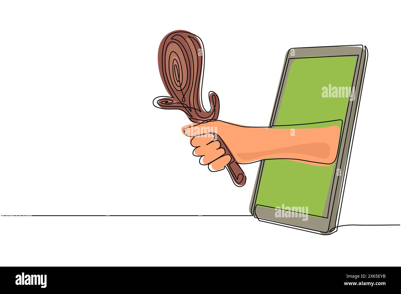 Continuous one line drawing hand holding weapon cudgel through mobile phone. Concept of video games, e-sport, entertainment application for smartphone Stock Vector