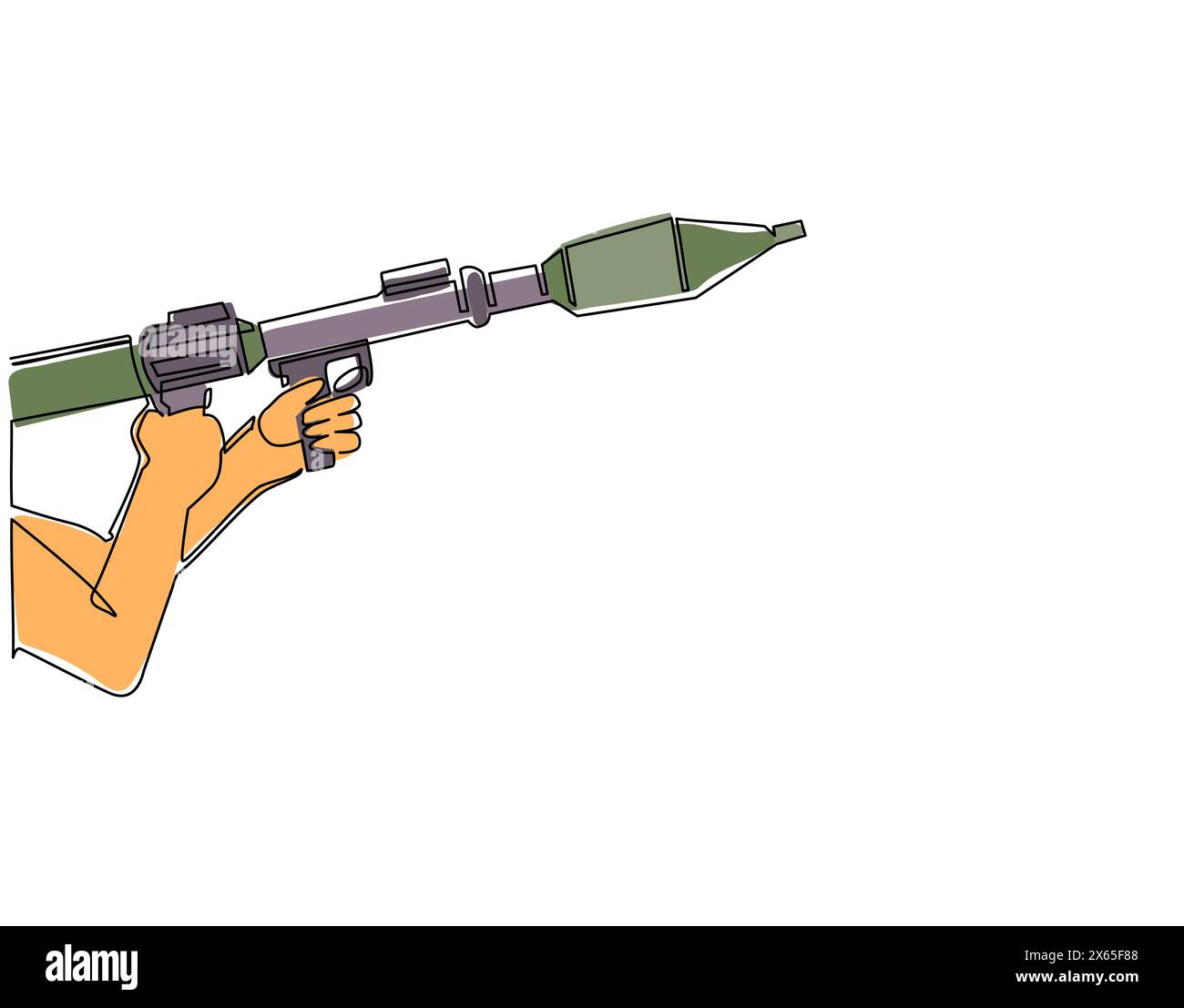 Single continuous line drawing hand holding rocket launcher. Rocket launcher with missiles. Soviet Russian rocket launchers and grenades for RPG-7. Ga Stock Vector
