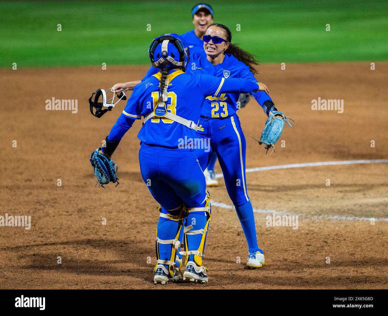 May 11 2024 Palo Alto CA U.S.A. UCLA starting pitcher/relief pitcher Taylor Tinsley (23)celebrates a championship win with catcher Sharlize Palacios (13) during the NCAA Pac 12 Softball Tournament Championship between UCLA Bruins and the Utah Utes. UCLA beat Utah 2-1 at Boyd & Jill Smith Family Stadium Palo Alto Calif. Thurman James /CSM (Credit Image: © Thurman James/Cal Sport Media) Stock Photo
