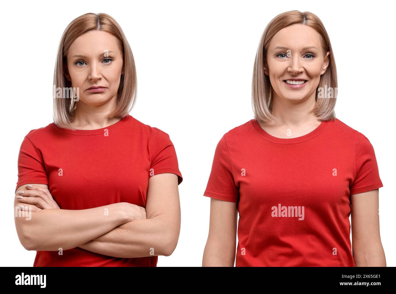 Woman showing different emotions on white background, collage Stock Photo