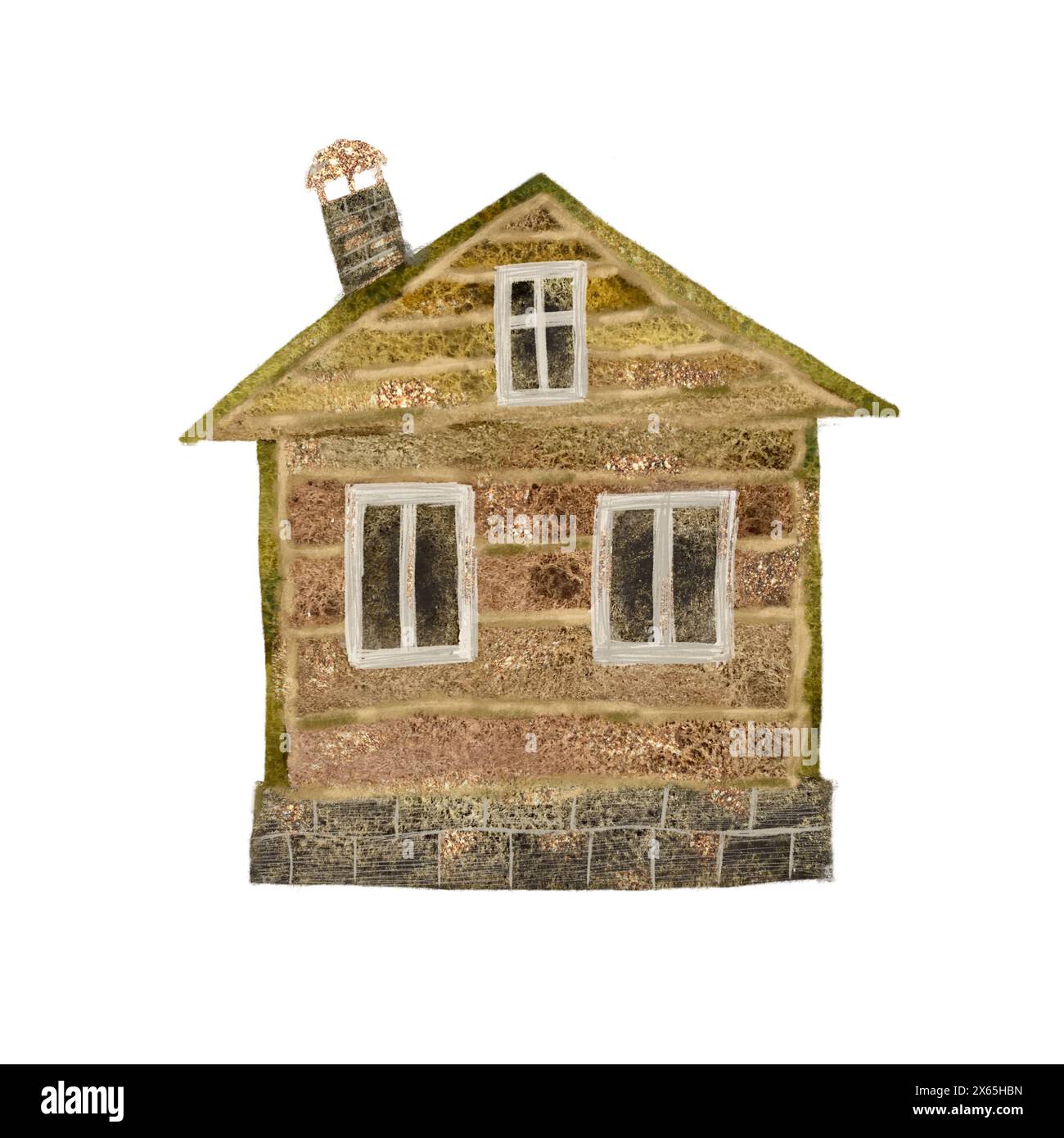 Brown decorative rustic log house, watercolor isolated object on white background. Stock Photo
