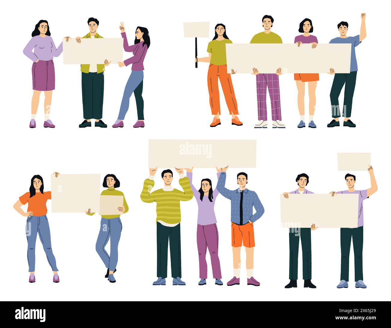 People with placards and banners. Protesters with paper boards, characters with signboards demonstrate and fight for rights. Vector illustration Stock Vector