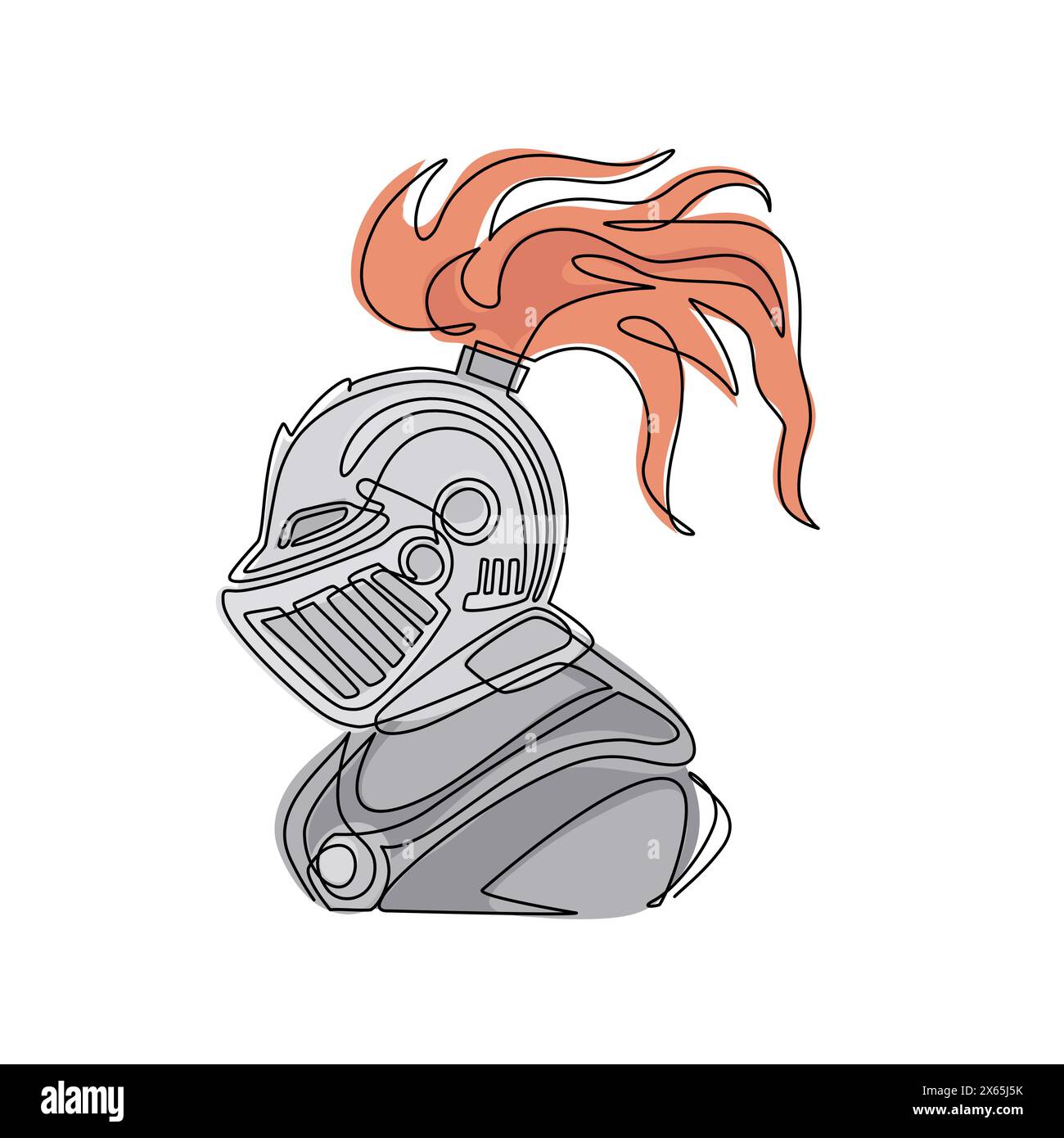 Single one line drawing medieval warrior knight in helmet. Logo, emblem, icon. Medieval warrior knight in armour helmet with visor and plumage, herald Stock Vector