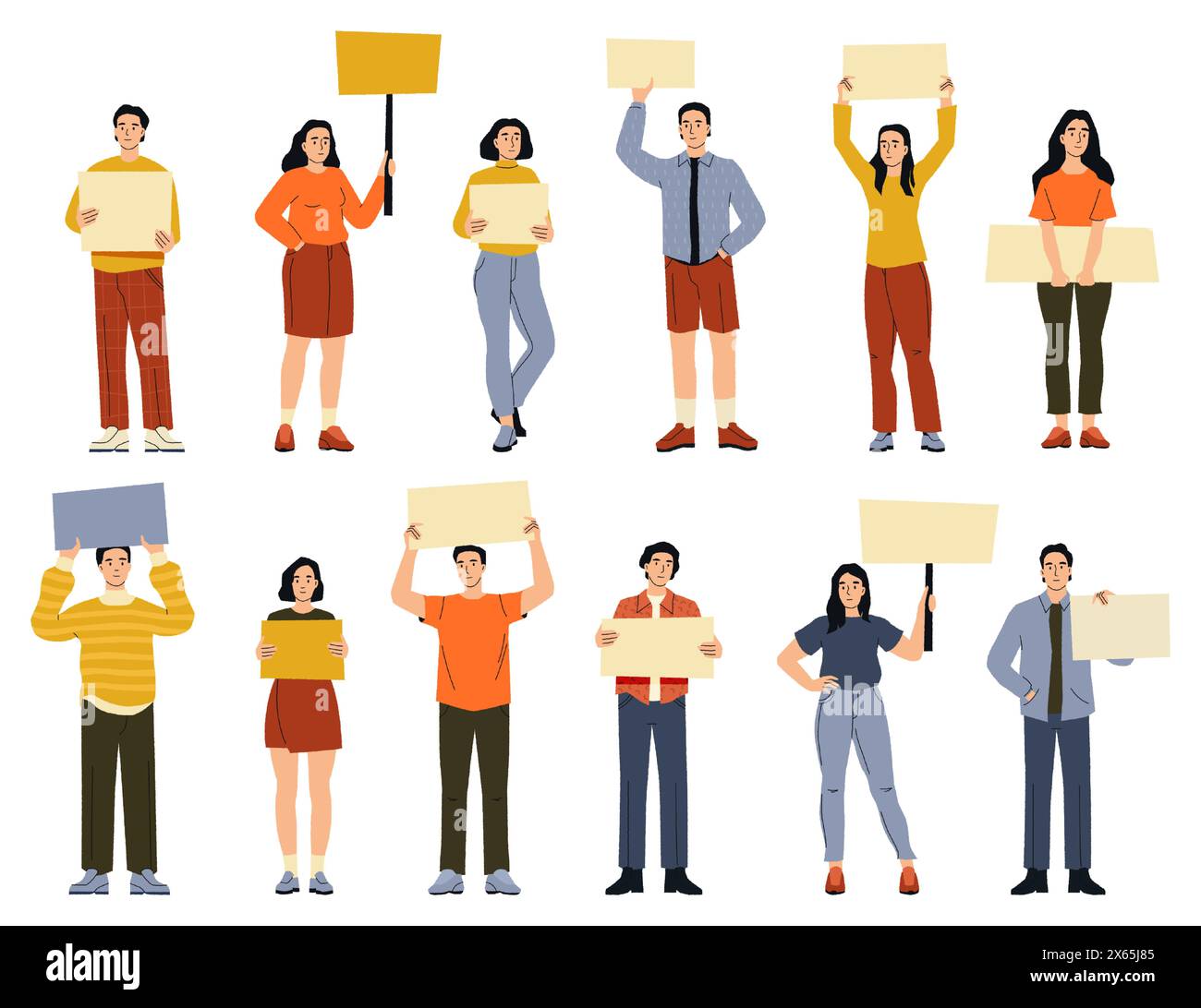 People holding banners. Cartoon characters with blank poster and signboard, flat mockup template with empty space for text or design. Vector Stock Vector